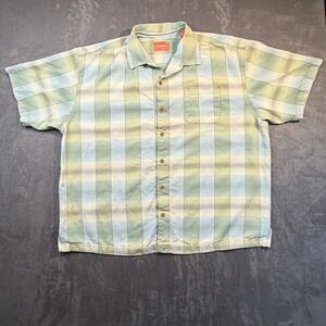 Tommy Bahama Shirt Mens XXL 100% Silk Short Sleeve Plaid Button Camp Green Blue